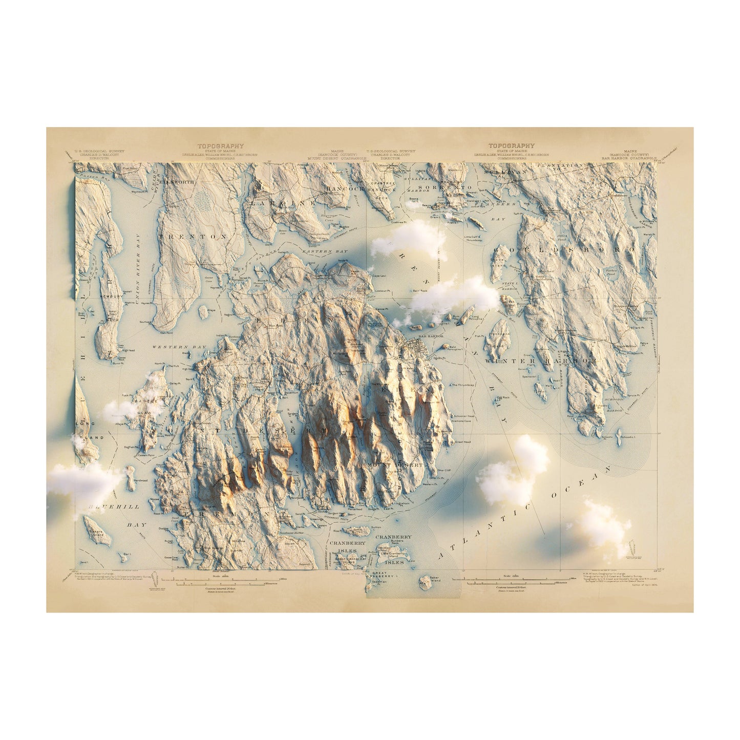 Vintage Acadia, Bar Harbor Relief Map - 1904