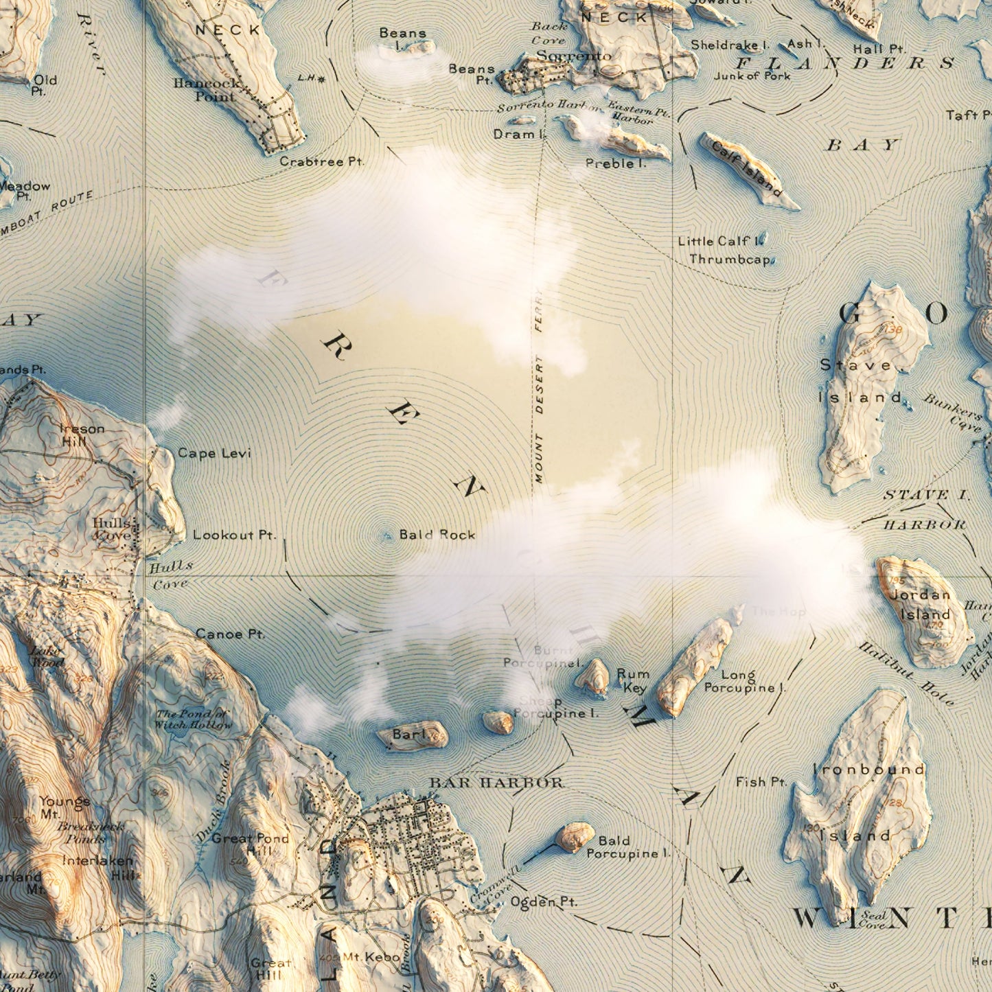 Acadia, Bar Harbor 1904 Shaded Relief Map