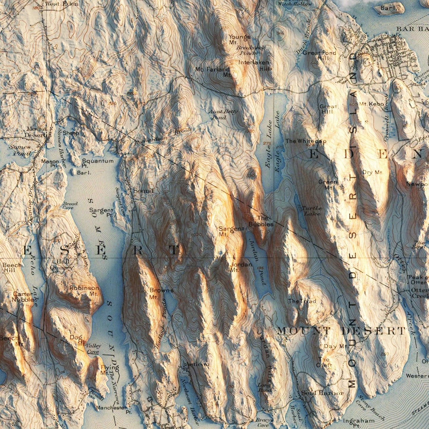 Acadia, Bar Harbor 1904 Shaded Relief Map