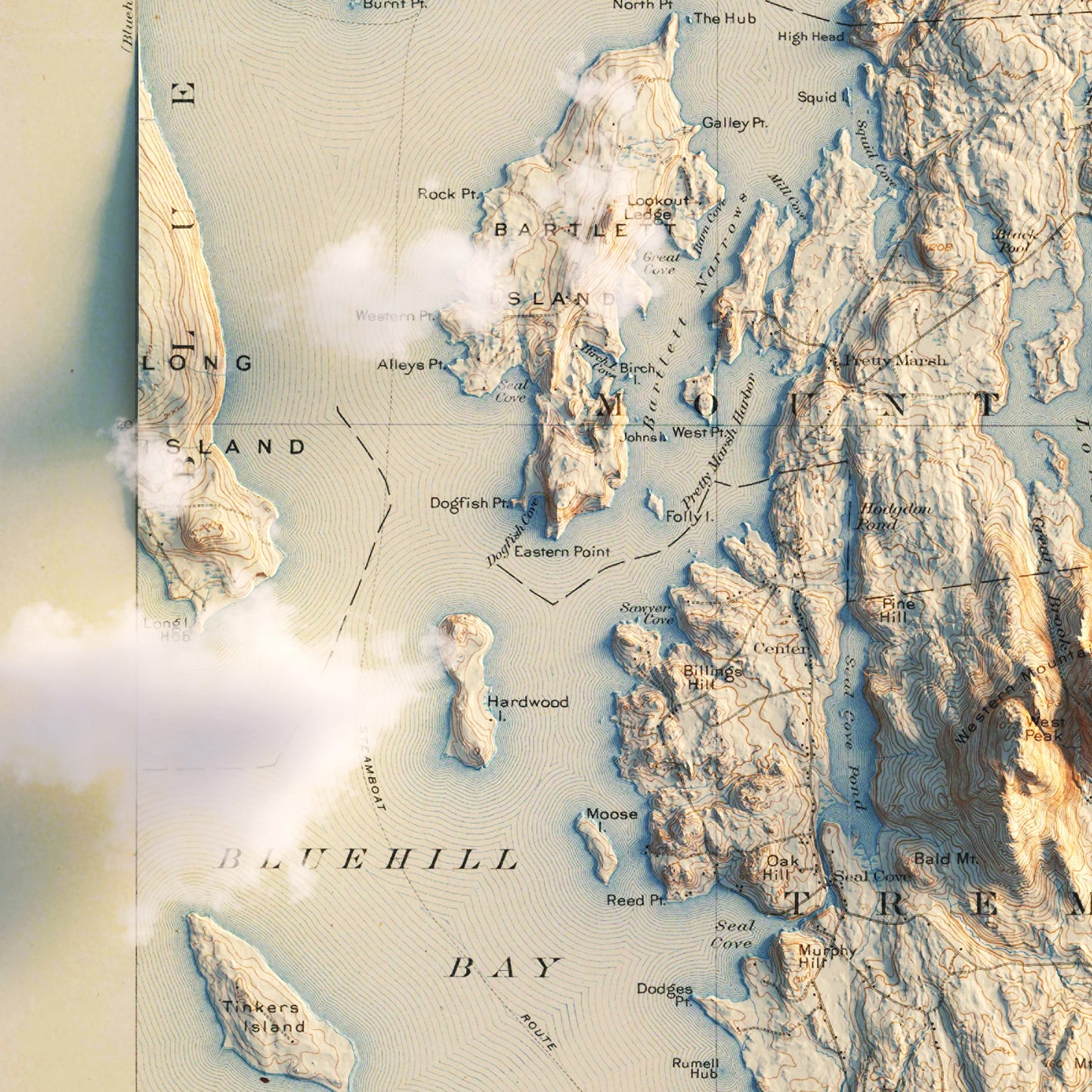 Acadia, Bar Harbor 1904 Shaded Relief Map