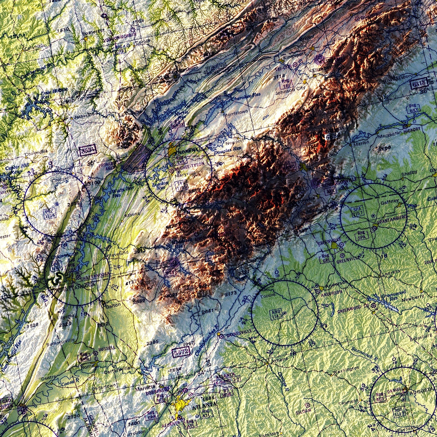 Aeronautical Chart - USA Southeast 1950 Shaded Relief Map