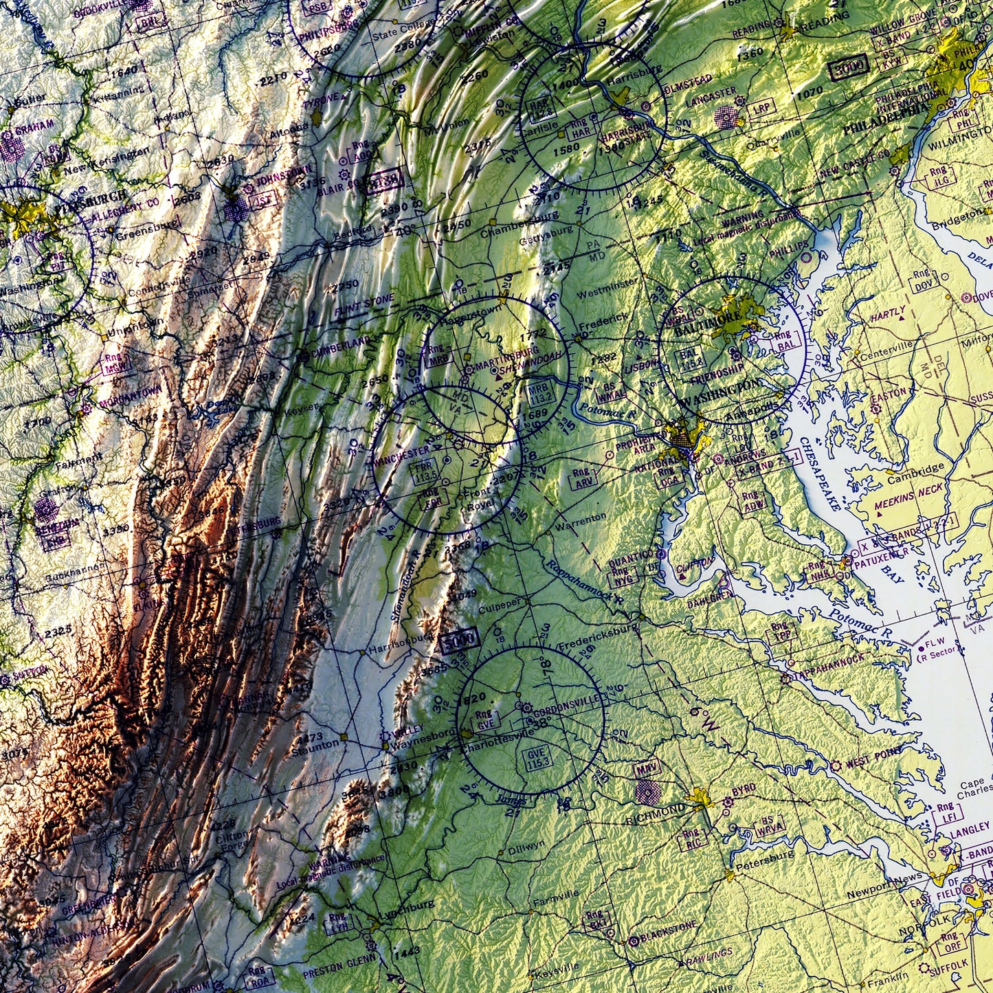 Aeronautical Chart - USA Southeast 1950 Shaded Relief Map