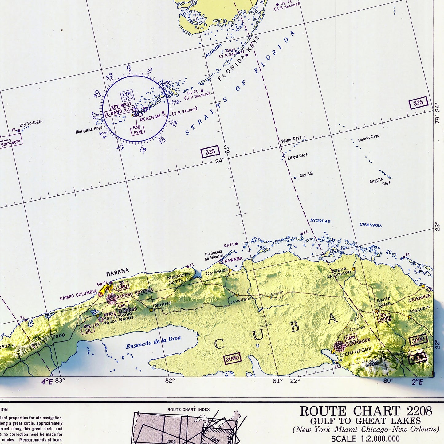 Aeronautical Chart - USA Southeast 1950 Shaded Relief Map