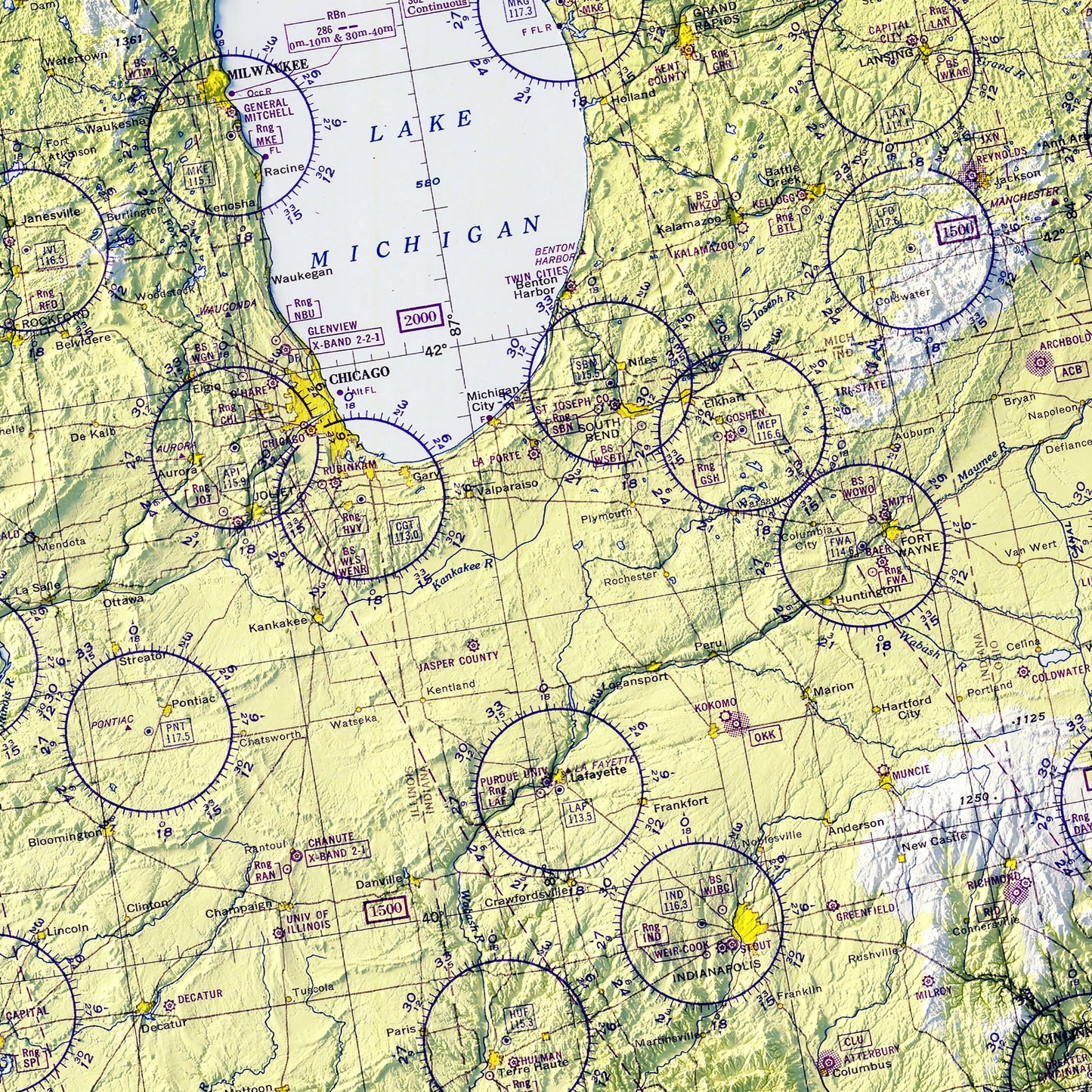 Aeronautical Chart - USA Southeast 1950 Shaded Relief Map