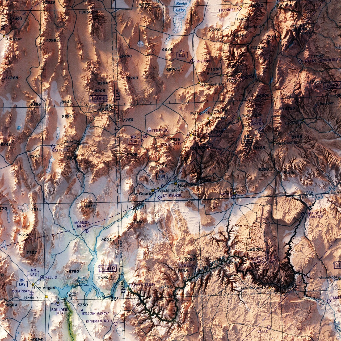 Aeronautical Chart - USA Southwest 1950 Shaded Relief Map