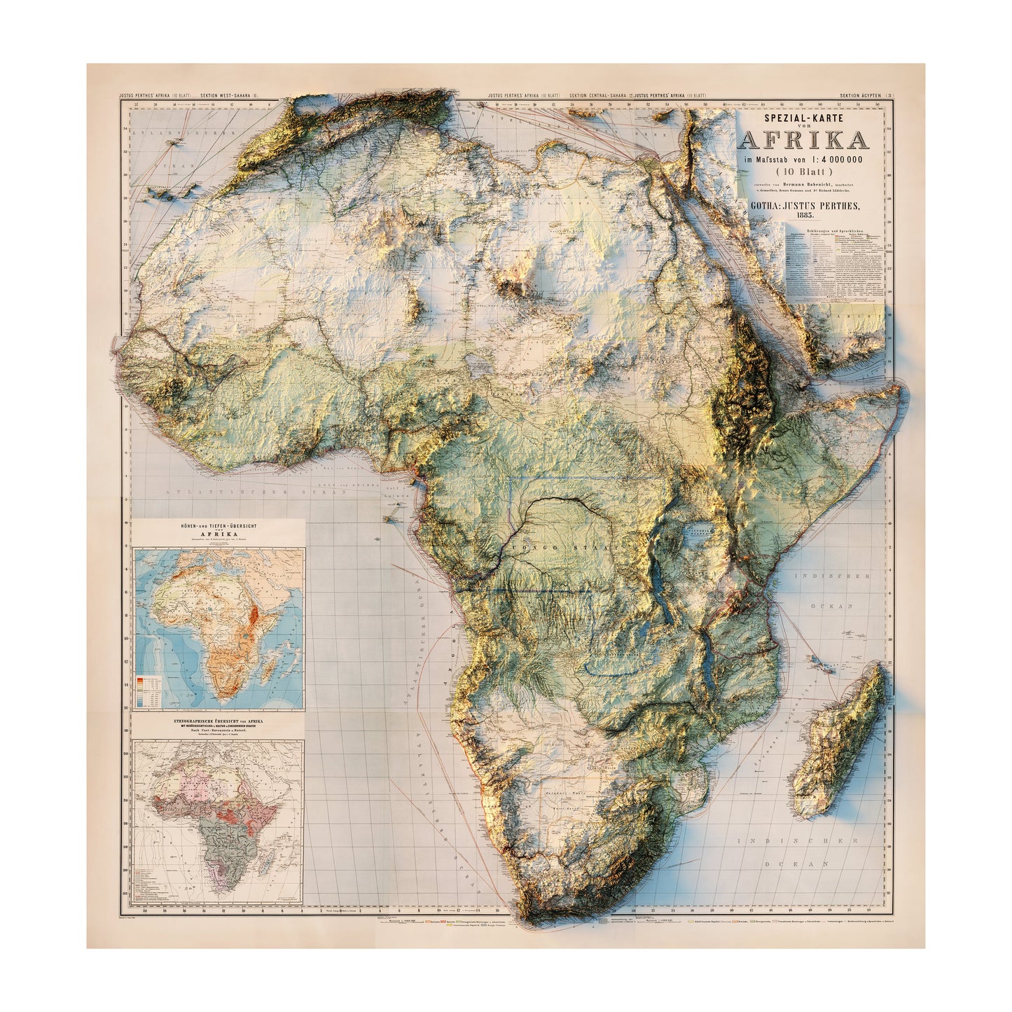 Vintage Africa Relief Map - 1885