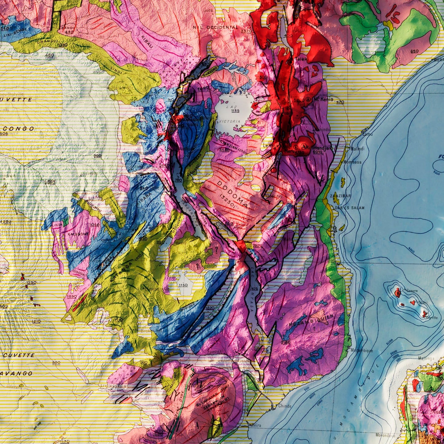 Africa Geological 1958 Shaded Relief Map