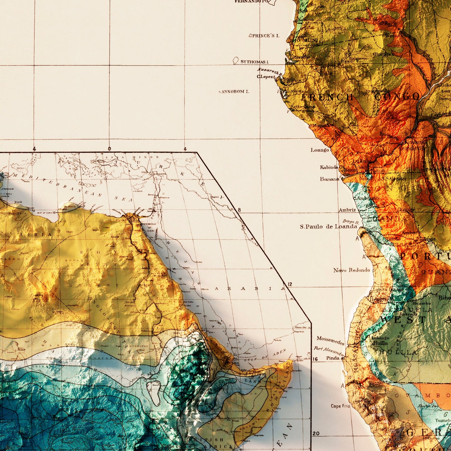Africa Continent 1923 Shaded Relief Map