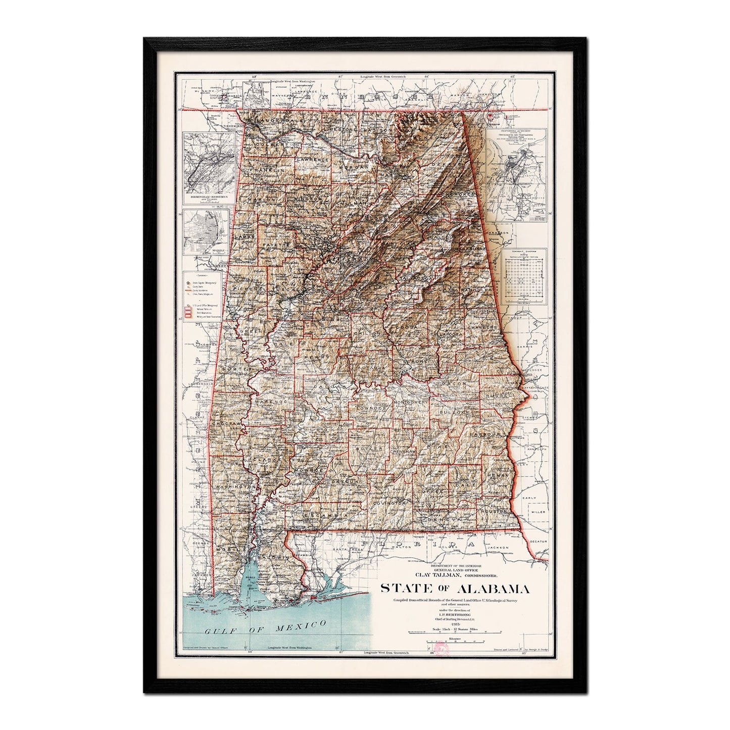 Vintage Alabama Relief Map - 1915