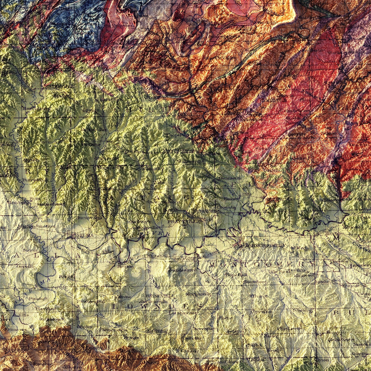 Alabama Geological 1926 Shaded Relief Map