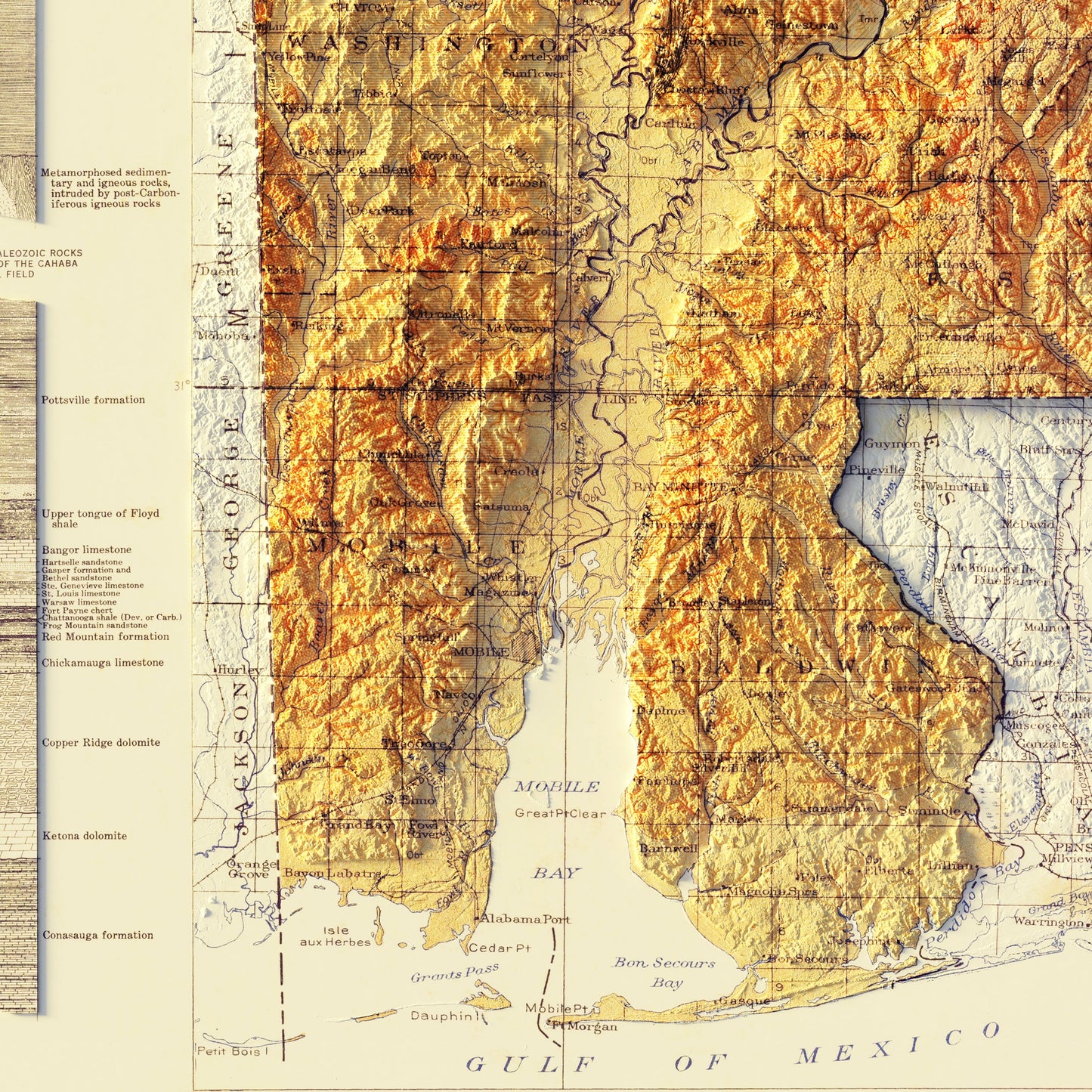 Alabama Geological 1926 Shaded Relief Map