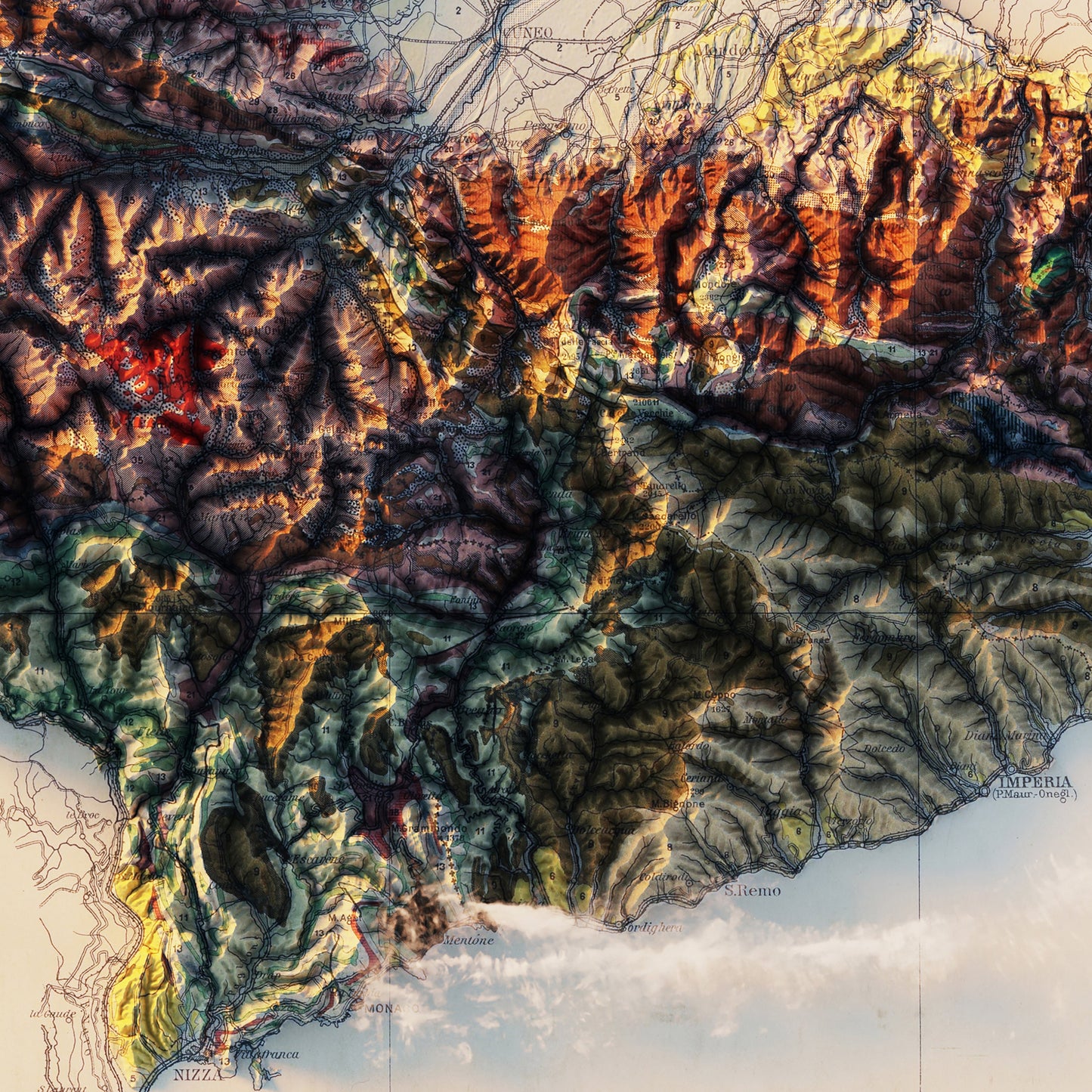 Alpi Occidentali 1908 Shaded Relief Map