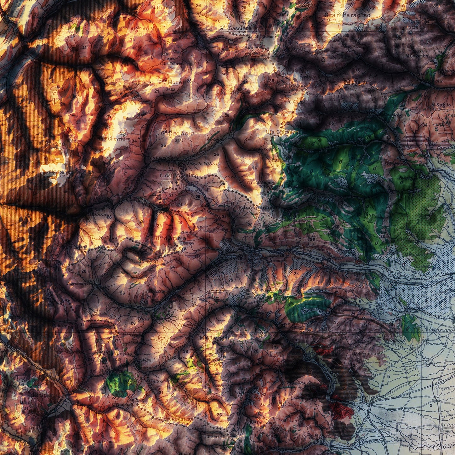 Alpi Occidentali 1908 Shaded Relief Map
