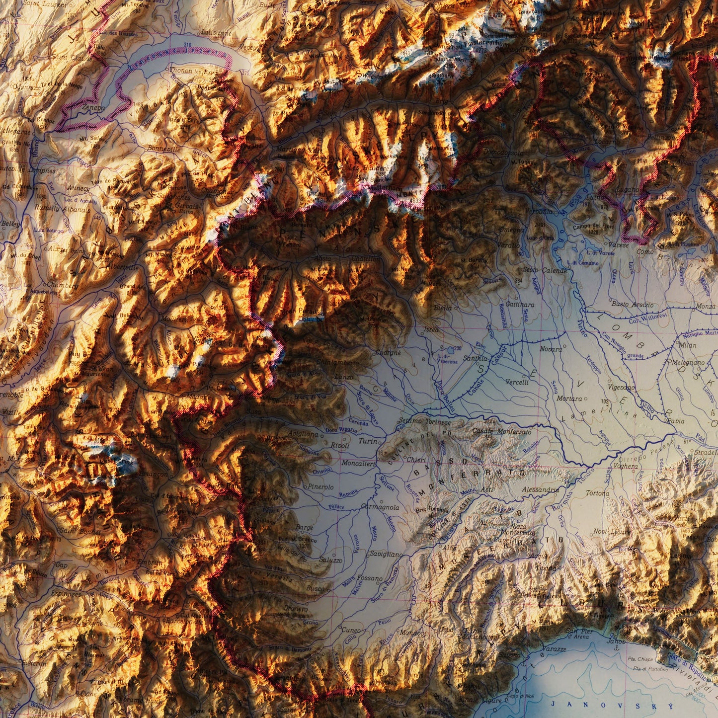 Alps 1965 Shaded Relief Map