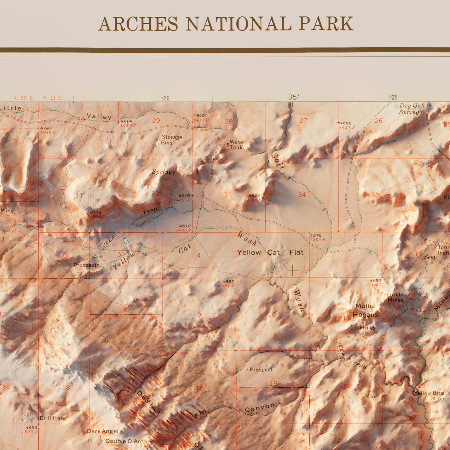 Arches National Park 1974 Shaded Relief Map