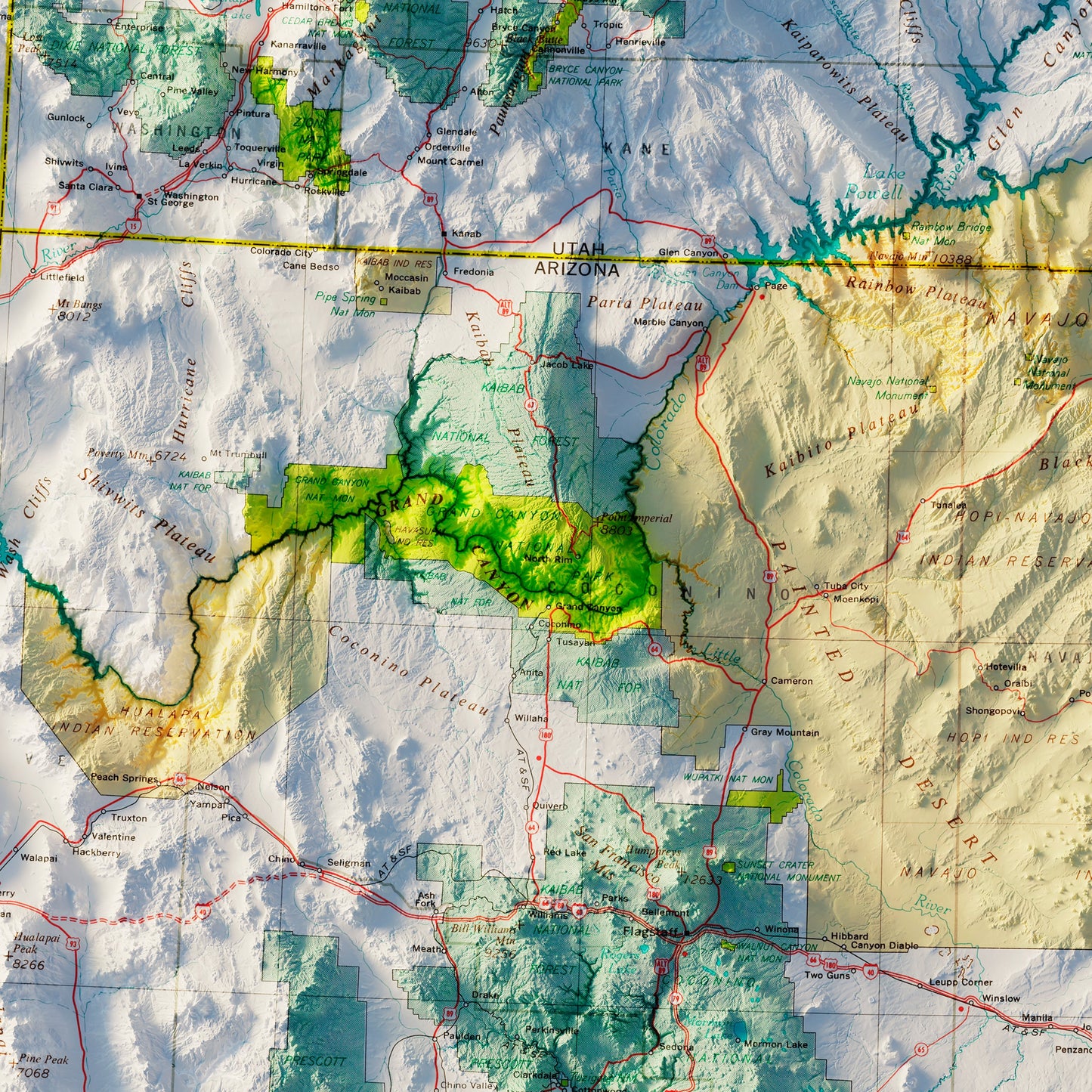 Arizona and New Mexico 1970 Shaded Relief Map