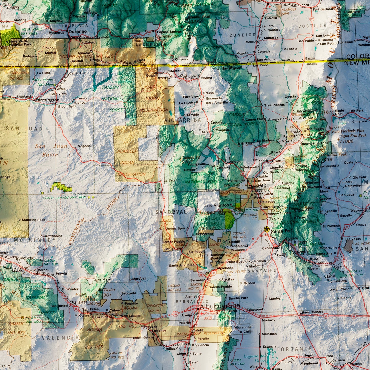 Arizona and New Mexico 1970 Shaded Relief Map