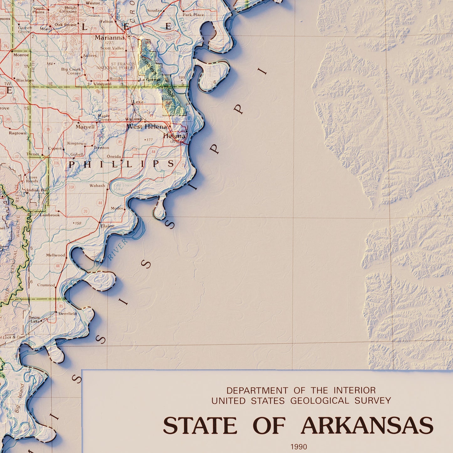 Arkansas 1990 Shaded Relief Map