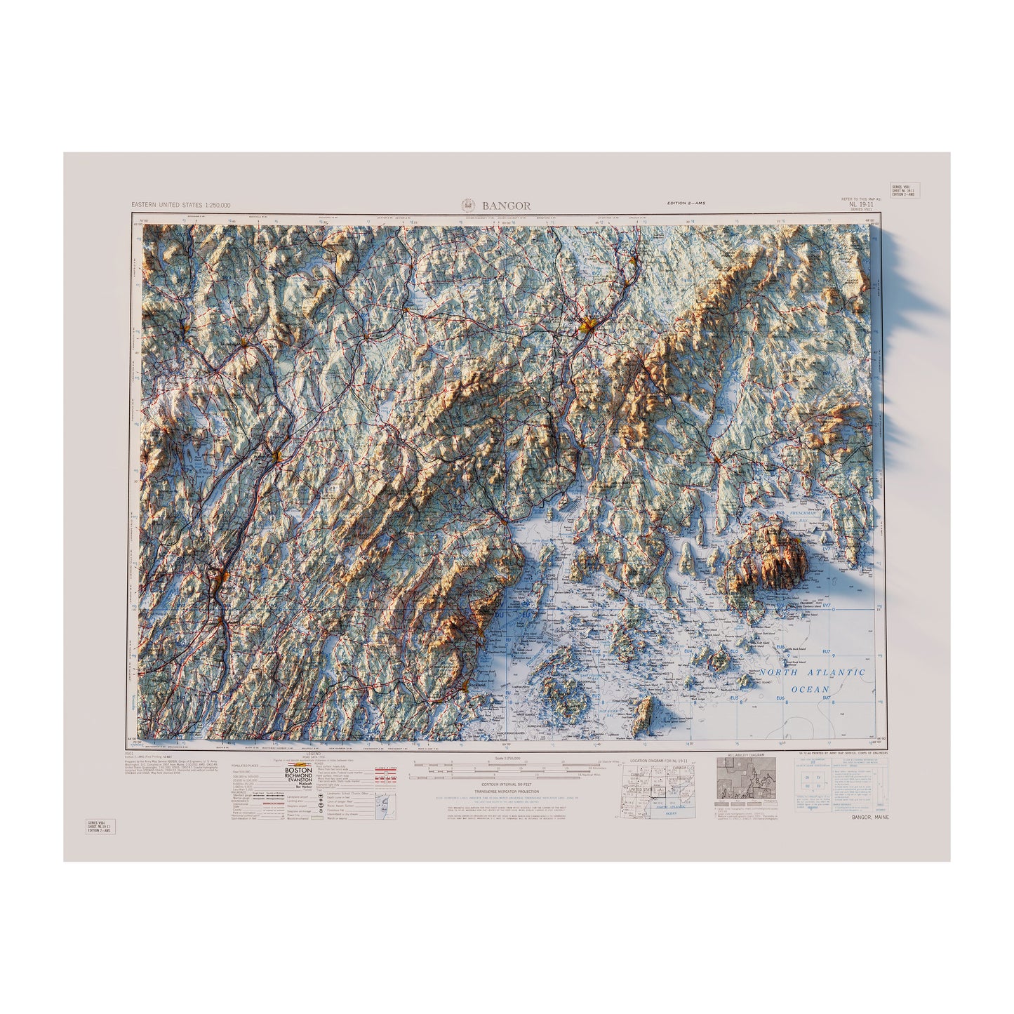Bangor, Maine 1960 Shaded Relief Map