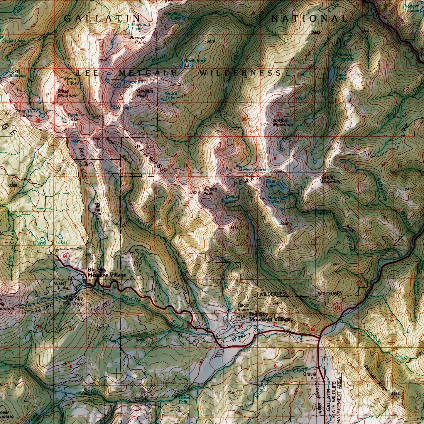 Big Sky, Montana 1989 Shaded Relief Map