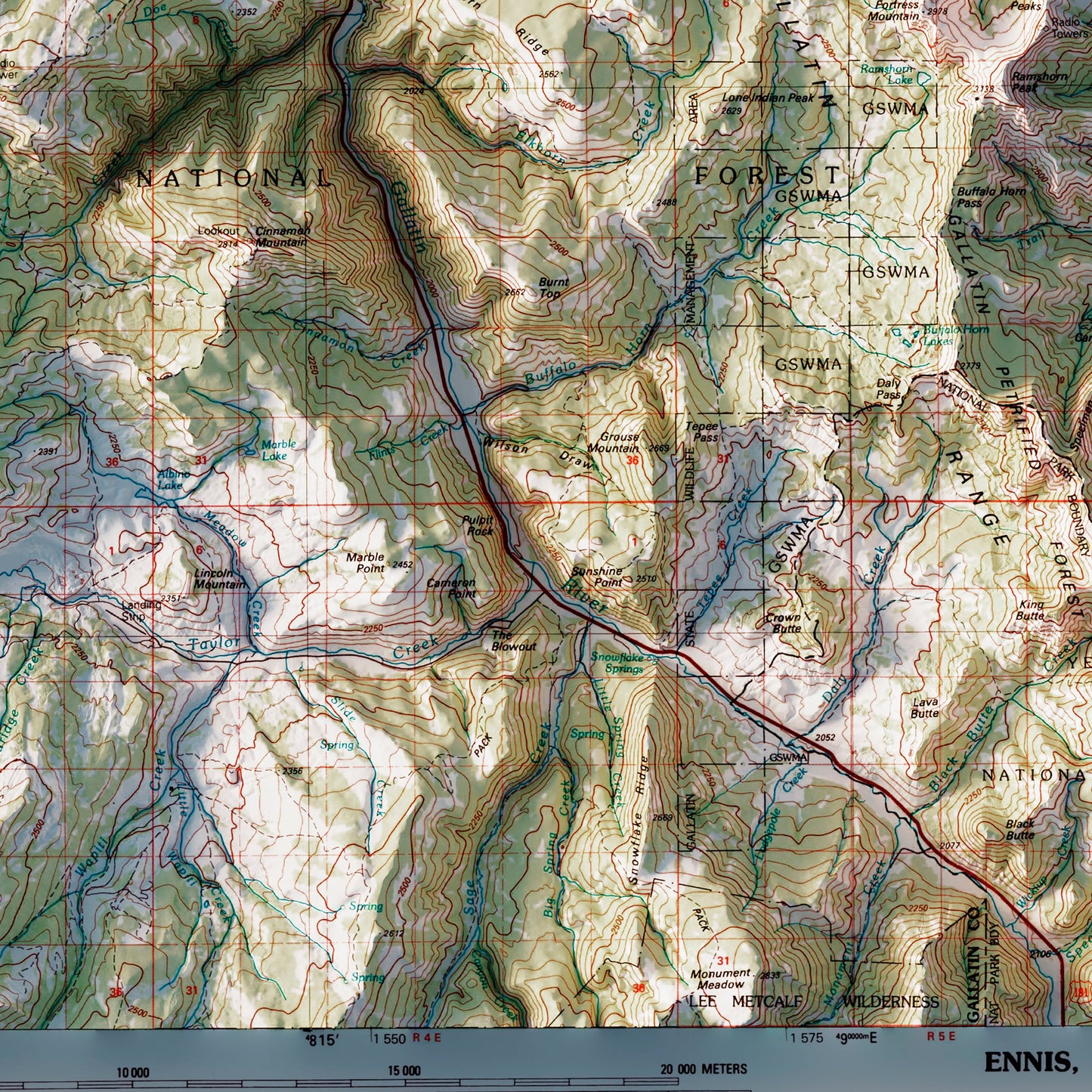 Big Sky, Montana 1989 Shaded Relief Map