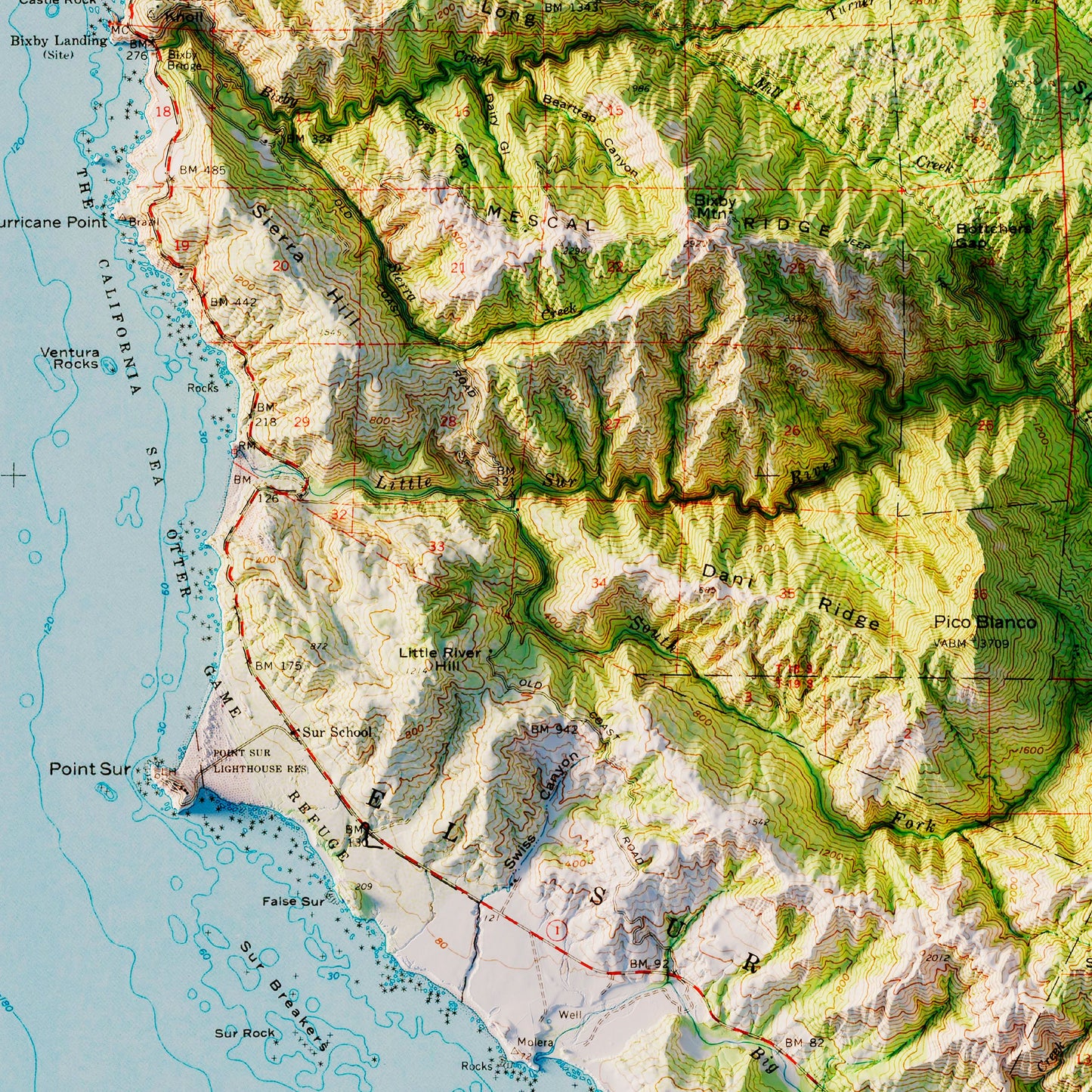 Big Sur 1956 Shaded Relief Map