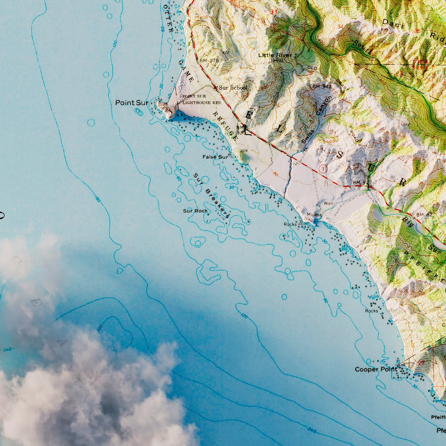 Big Sur 1956 Shaded Relief Map