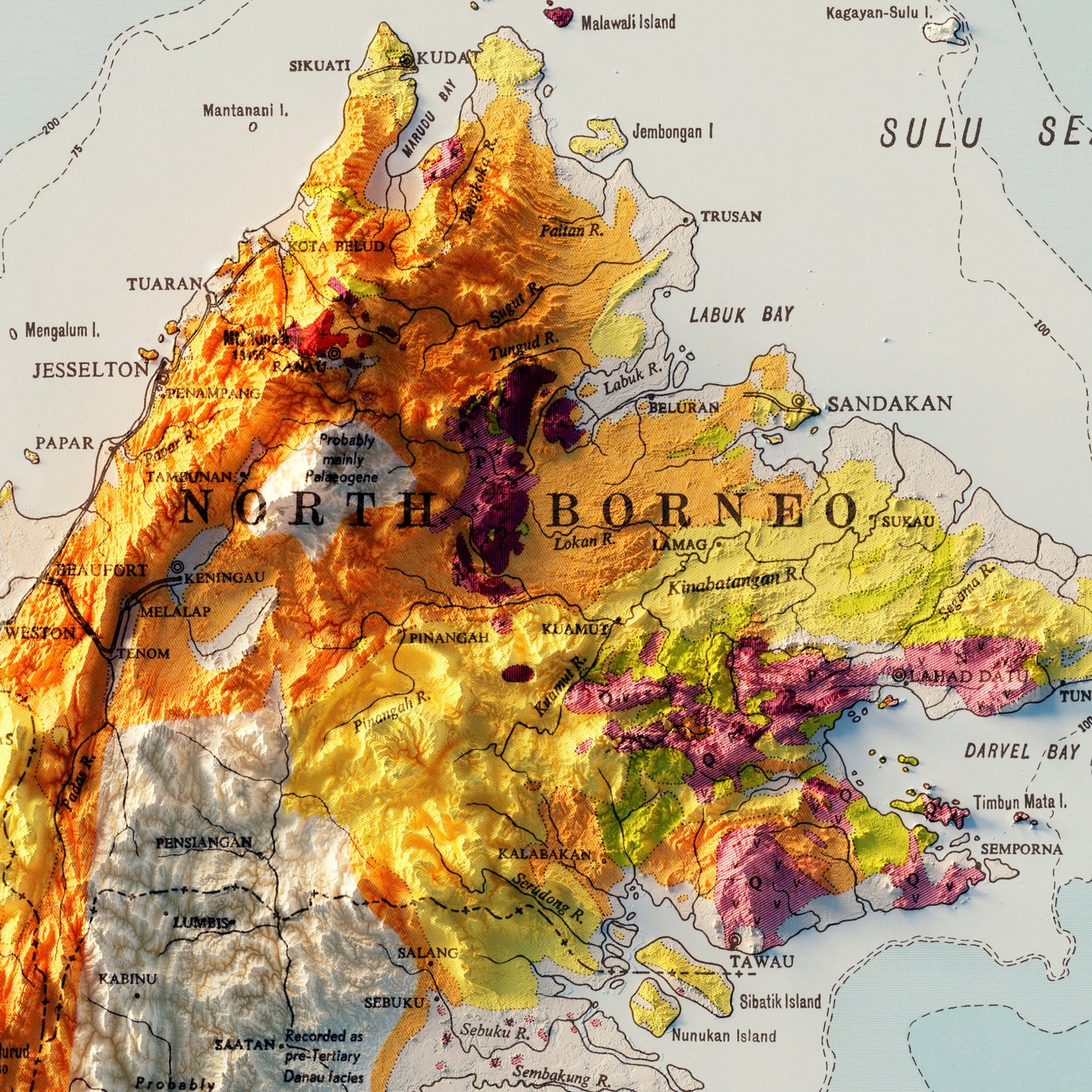 Borneo 1957 Shaded Relief Map