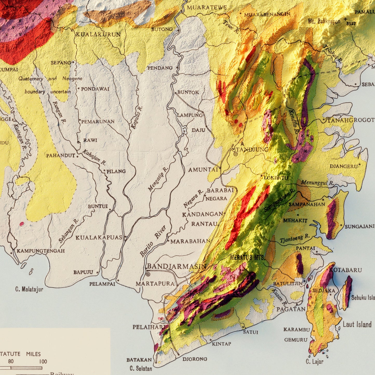 Borneo 1957 Shaded Relief Map