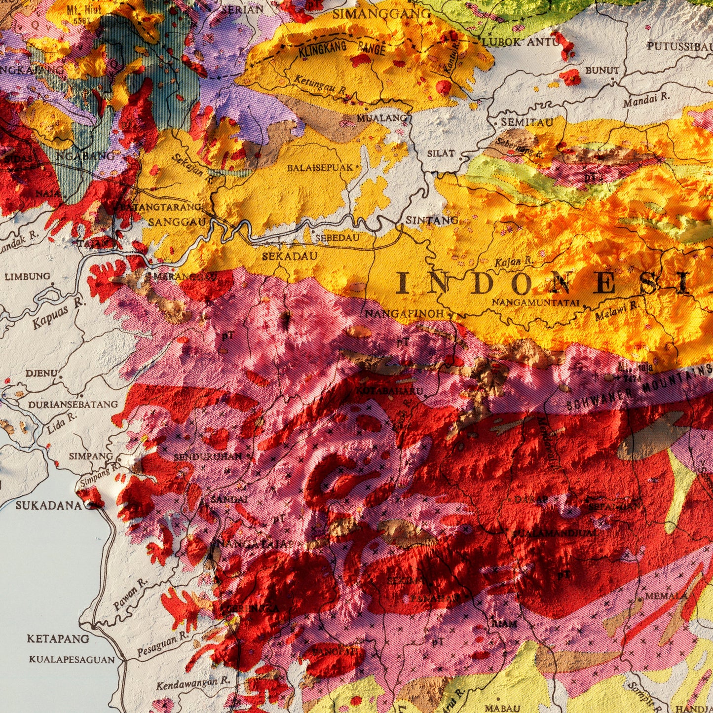 Borneo 1957 Shaded Relief Map
