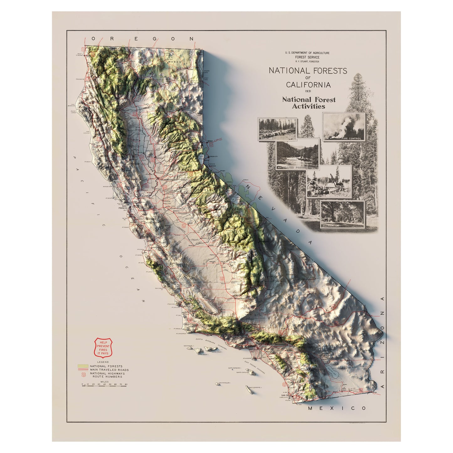 California 1931 National Forests Shaded Relief Map