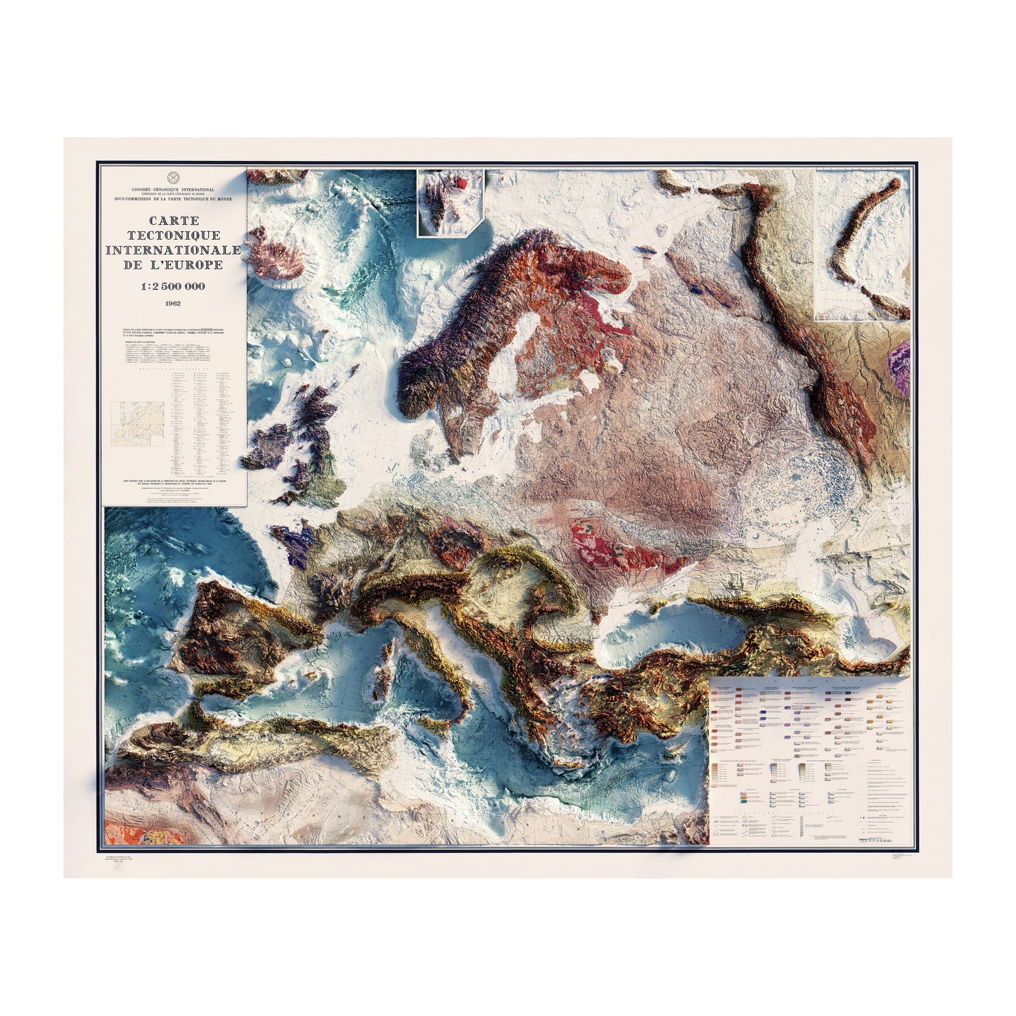 Vintage Carte Tectonique Internationale de L'Europe Relief Map - 1962
