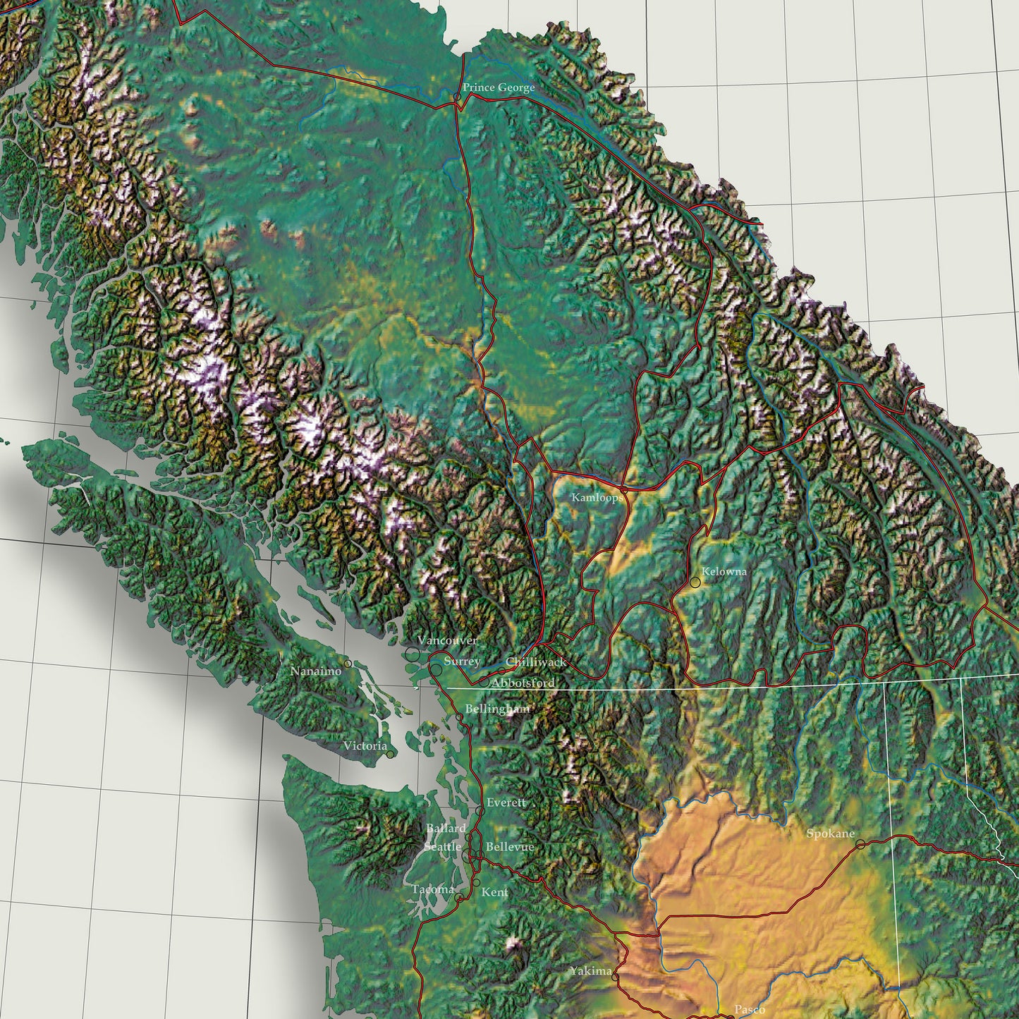 Cascadia Shaded Relief Map