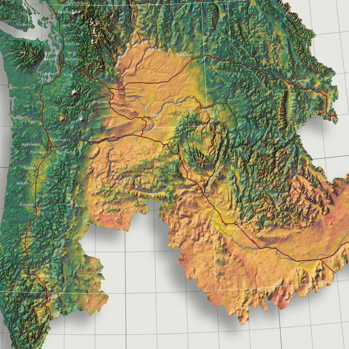 Cascadia Shaded Relief Map