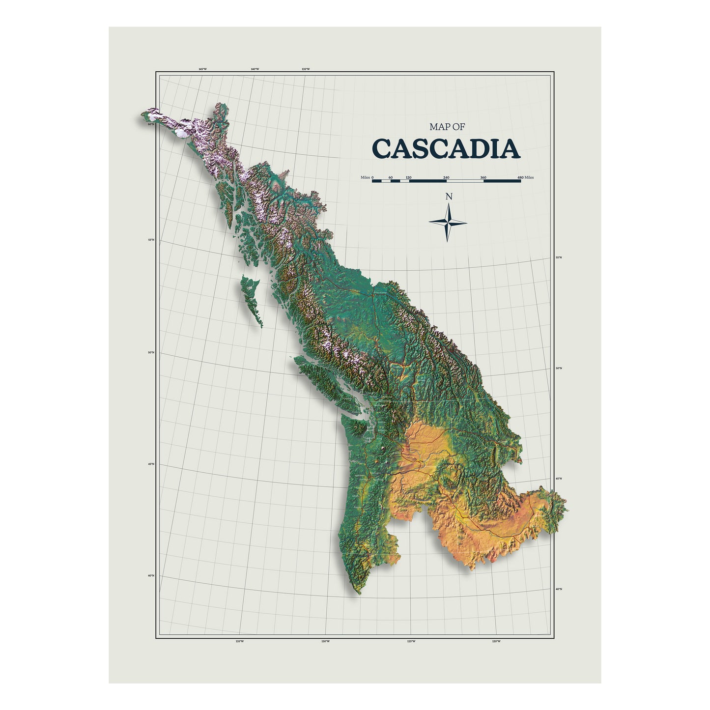 Cascadia Shaded Relief Map