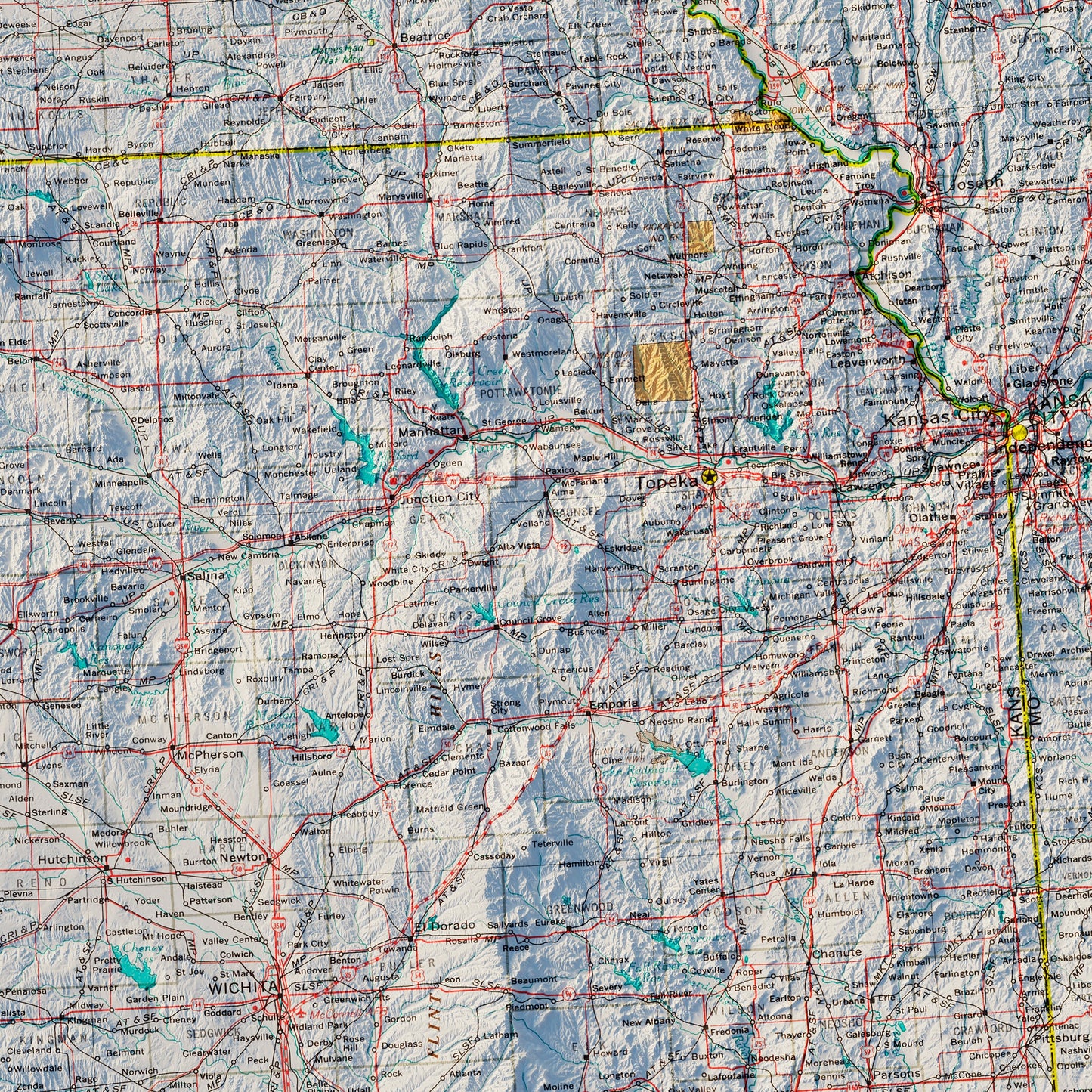 Central Plains States 1970 Shaded Relief Map