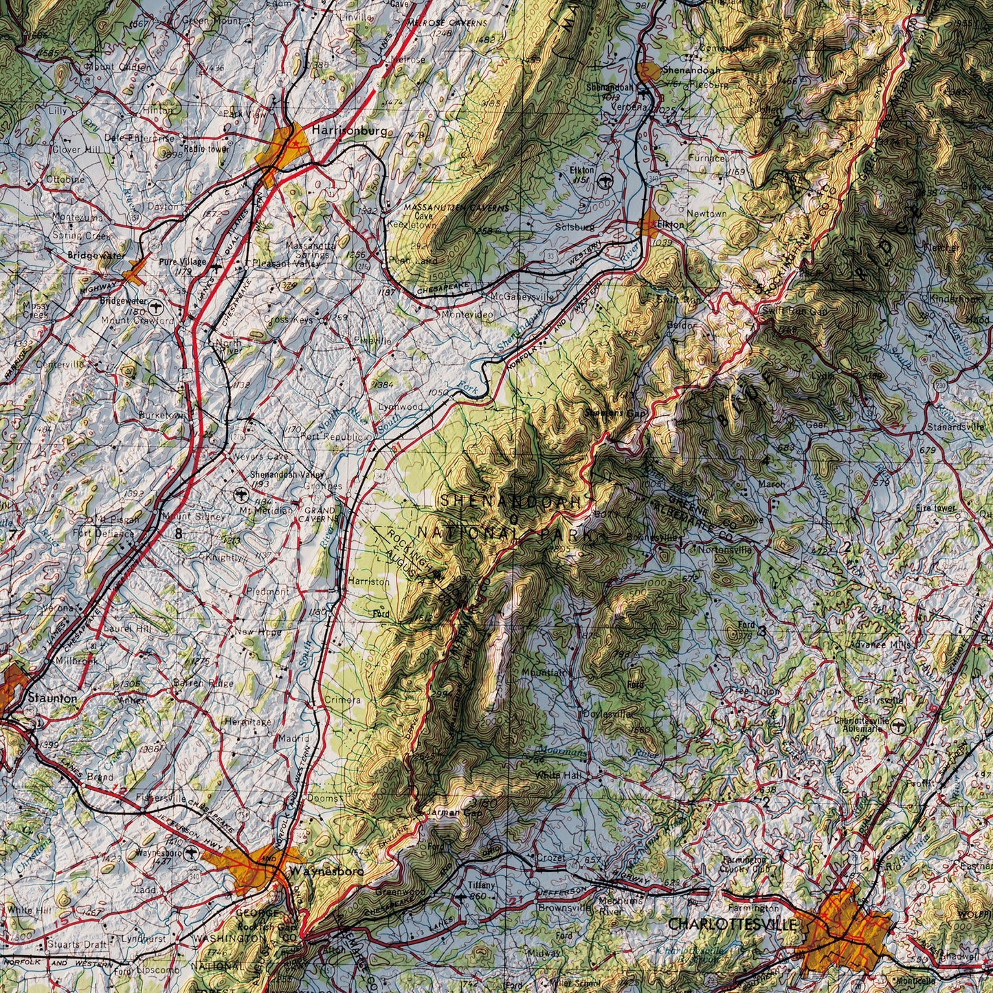 Charlottesville, VA 1965 Shaded Relief Map