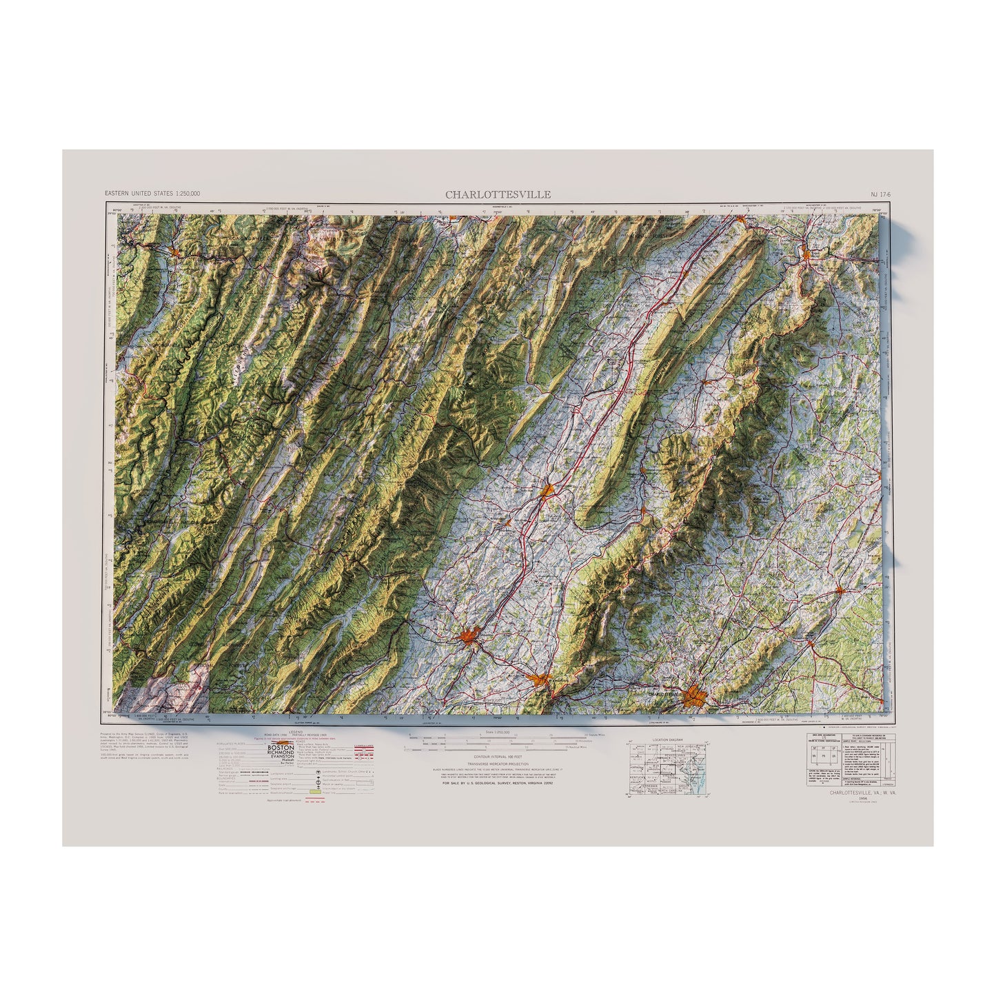 Charlottesville, VA 1965 Shaded Relief Map