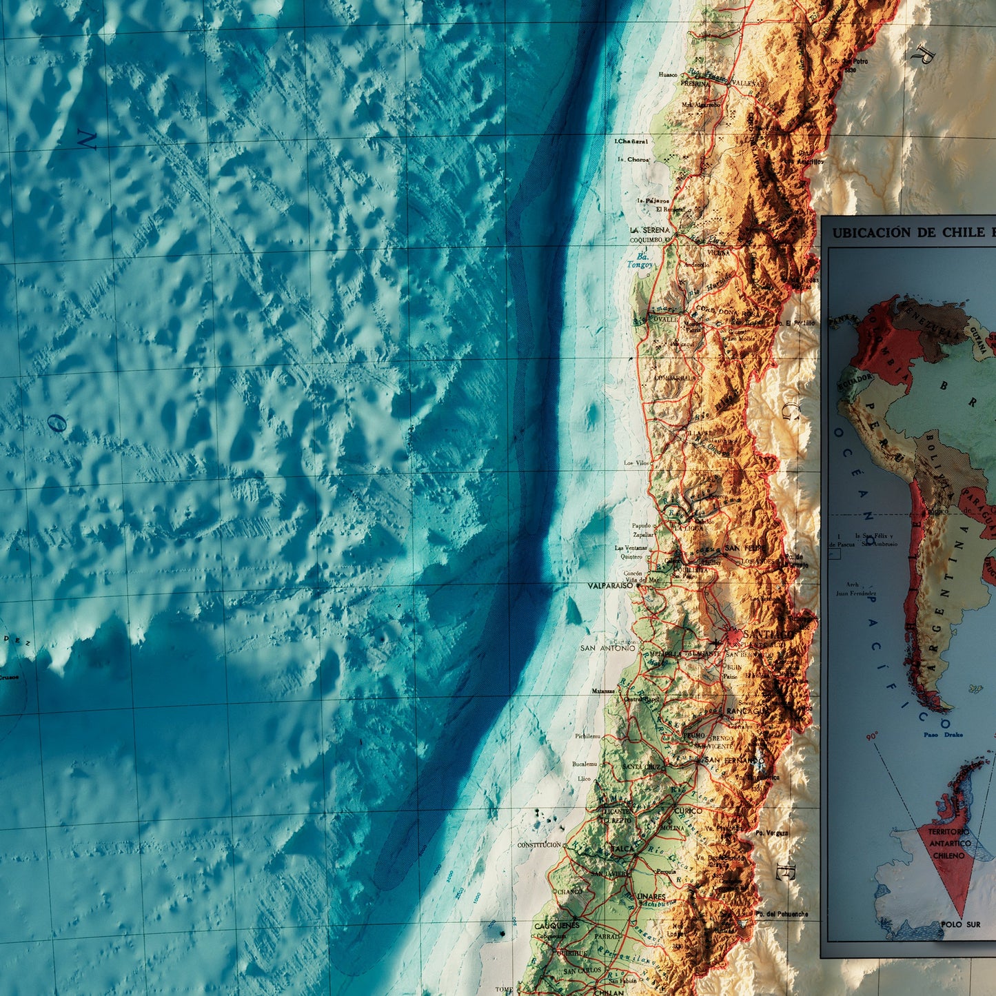 Chile 1968 Shaded Relief Map