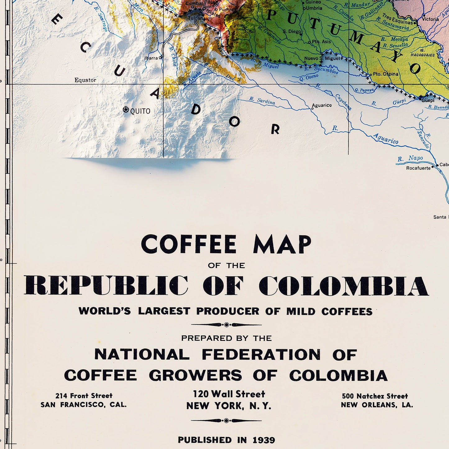 Colombia Coffee 1939 Shaded Relief Map