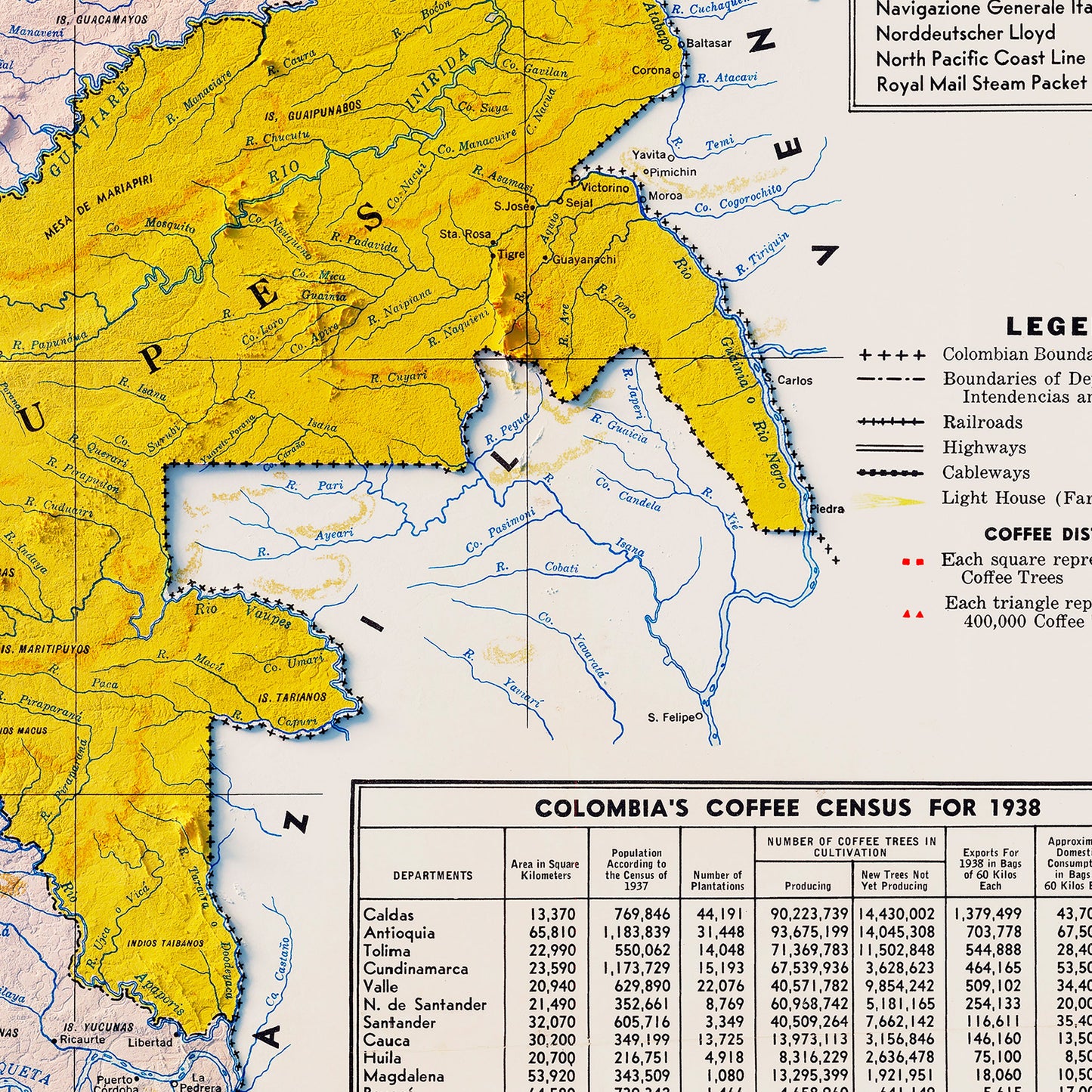 Colombia Coffee 1939 Shaded Relief Map
