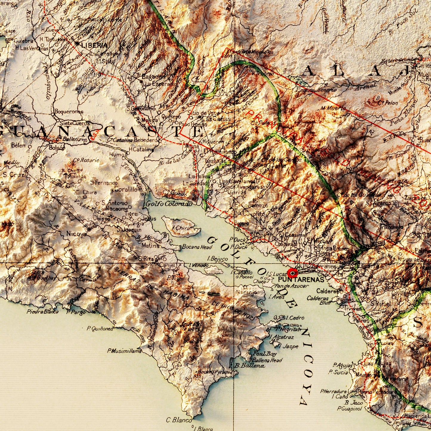 Costa Rica 1903 Shaded Relief Map