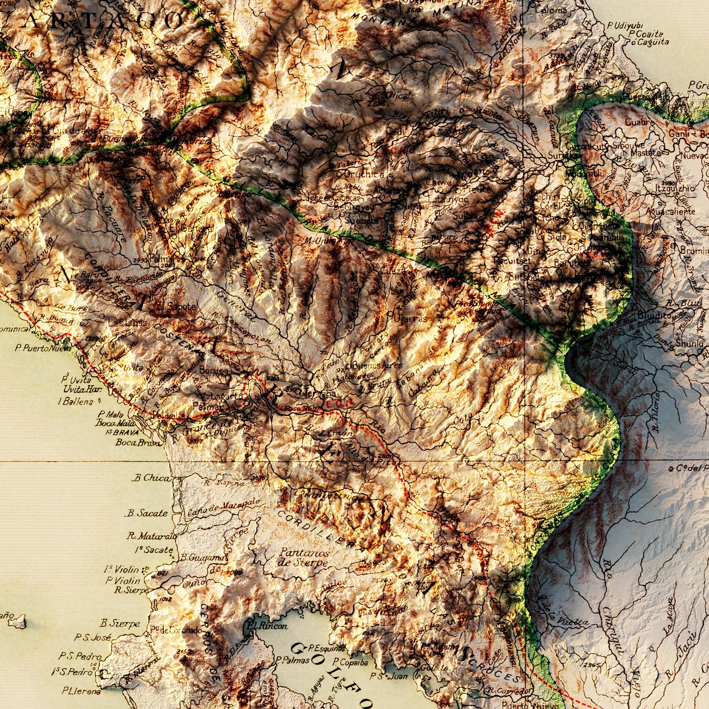 Costa Rica 1903 Shaded Relief Map