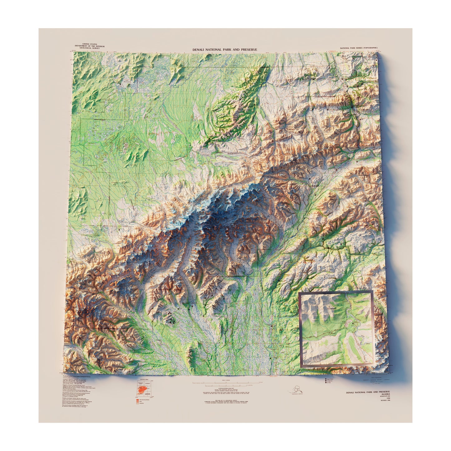Vintage Denali National Park Relief Map - 1986
