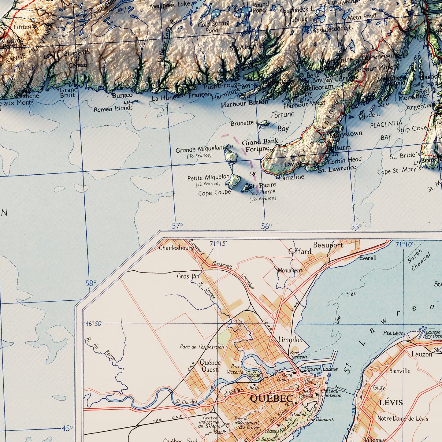 Eastern Canada 1959 Shaded Relief Map