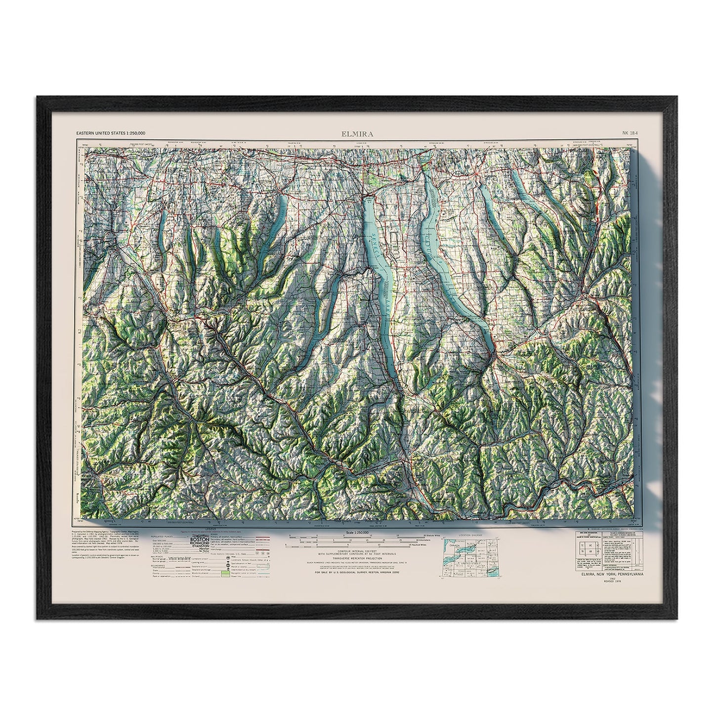 Finger Lakes, New York 1962 Shaded Relief Map
