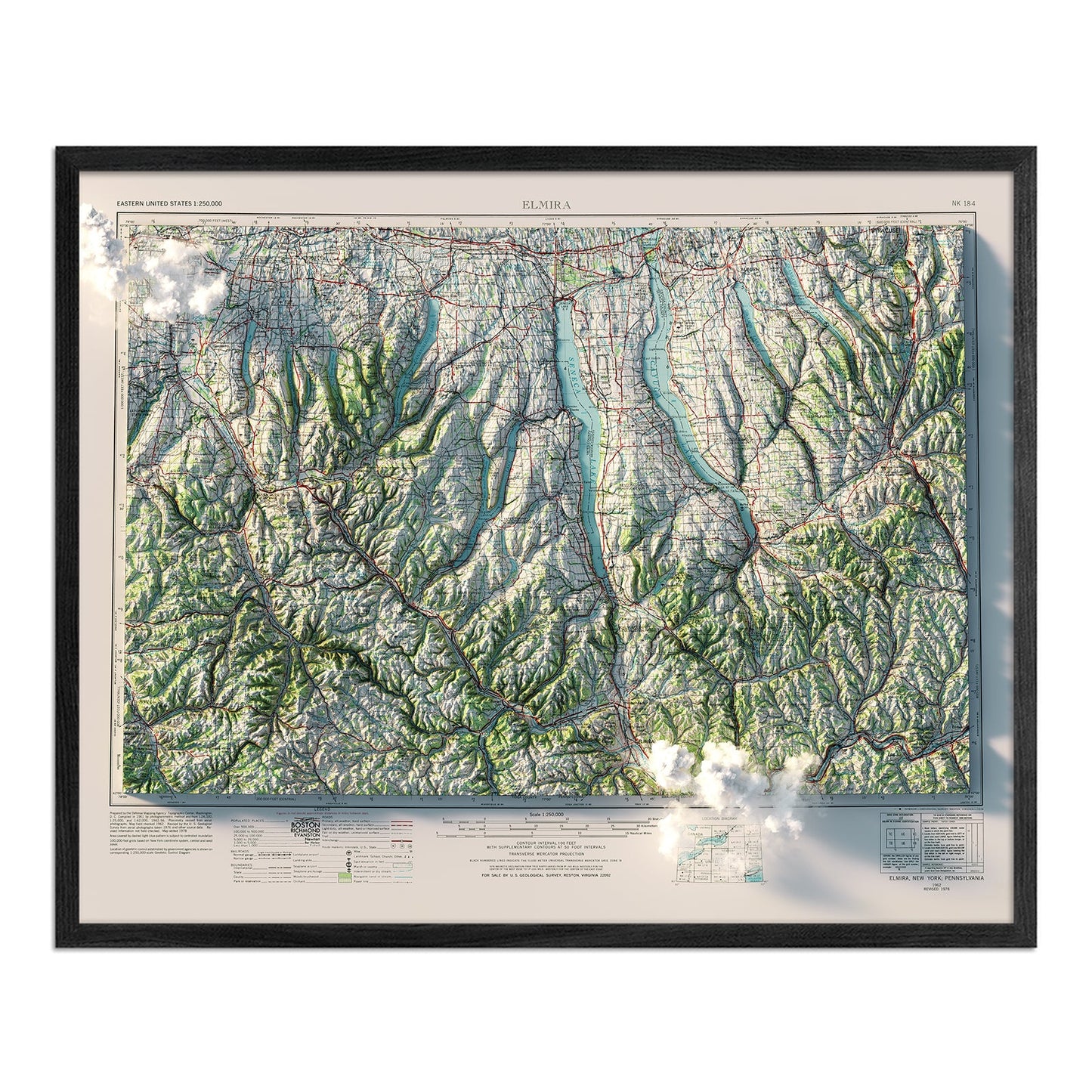Finger Lakes, New York 1962 Shaded Relief Map