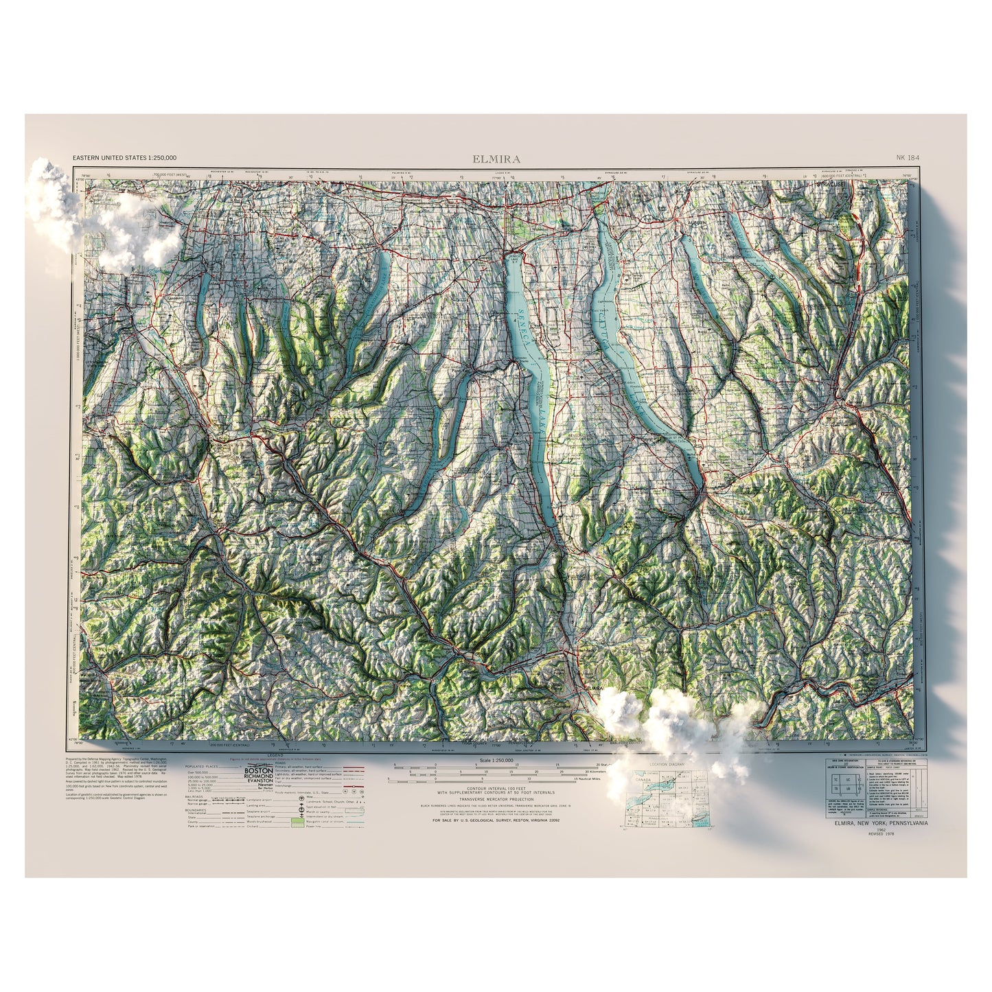 Finger Lakes, New York 1962 Shaded Relief Map