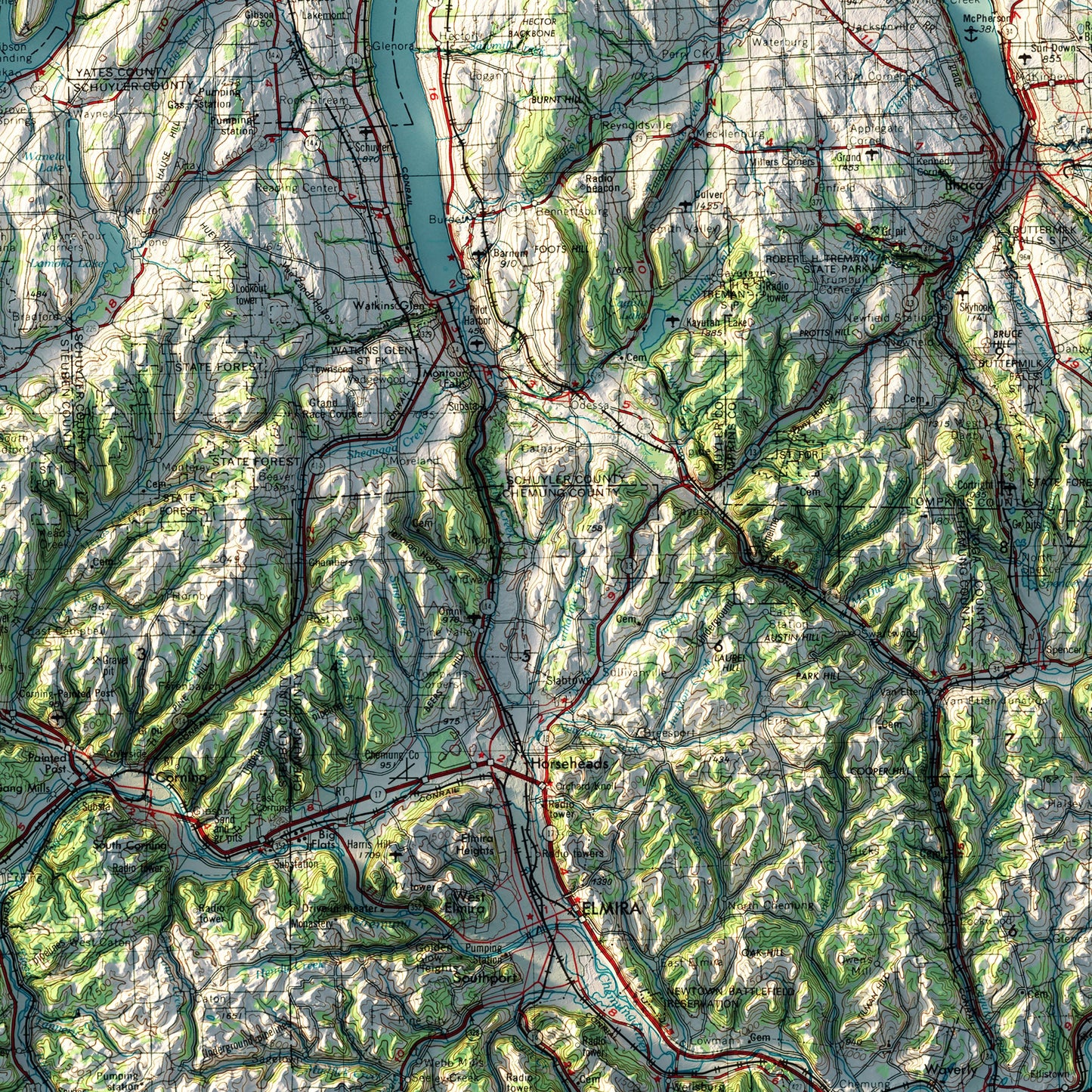 Finger Lakes, New York 1962 Shaded Relief Map