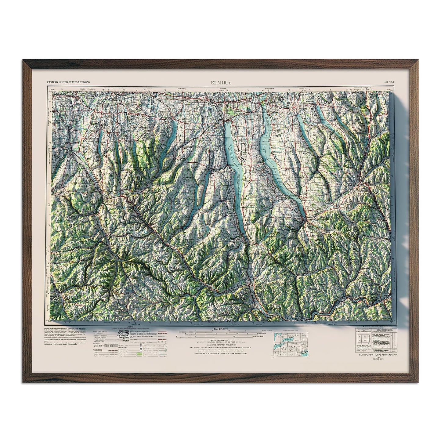 Finger Lakes, New York 1962 Shaded Relief Map